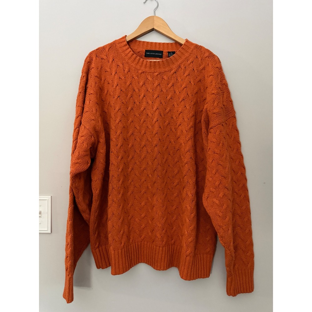 Saks Fifth Avenue Sweater mens XL Orange Silk Cotton Cable Knit Crewneck fall